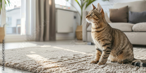 Cute cat indoors sitting on a carpet on blur living room background. photo