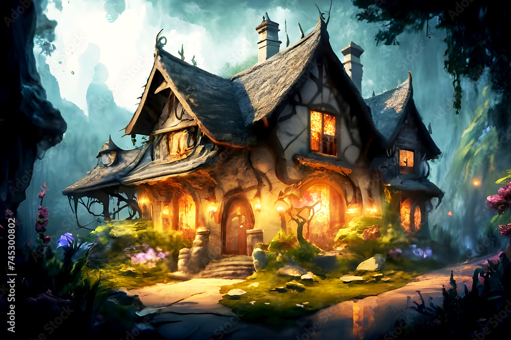 Photo of a beautiful home exterior rendered in 3D, haunted house in the woods Photo of a beautiful home exterior rendered in 3D, haunted house in the woods