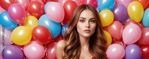 A striking portrait of a girl surrounded by a multitude of brightly colored balloons, suggestive of a solemn event.