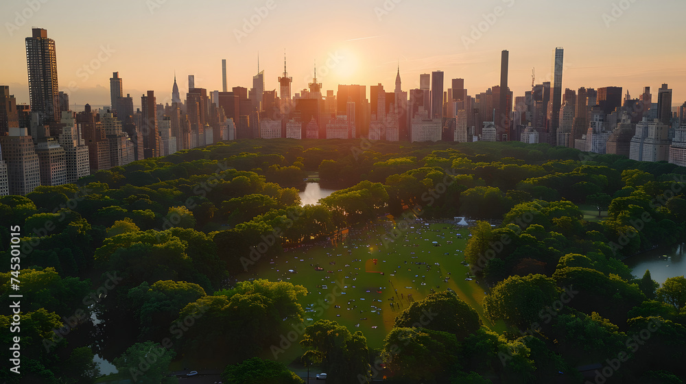 Obraz premium Aerial Helicopter Photo Over Central Park with Nature, Trees, People Having Picnic and Resting on a Field Around Manhattan Skyscrapers Cityscape. Beautiful Evening with Warm Sunset Light
