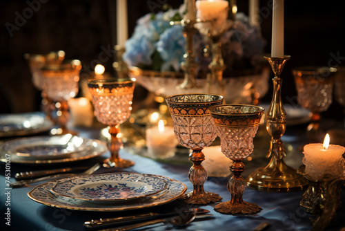 golden Elijah's cup with a Star David symbol sits on an elegant tablecloth