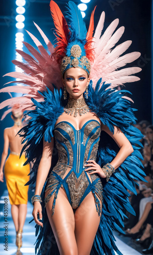 The model takes to the catwalk in a spectacular costume, complemented by bright feathers and intricate details, a high-fashion event.