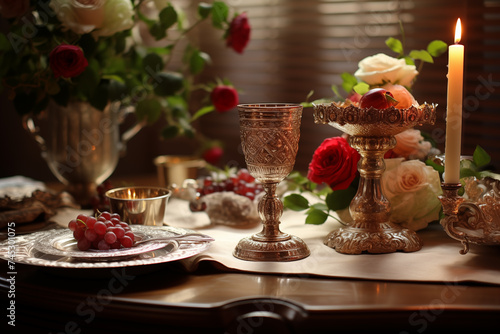 Passover Seder table, with a beautifully adorned cup placed prominently