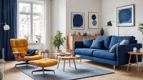 a tastefully designed Scandinavian apartment living room featuring a dark blue sofa  a matching recliner chair  and minimalist decor elements  creating a cozy and stylish atmosphere.