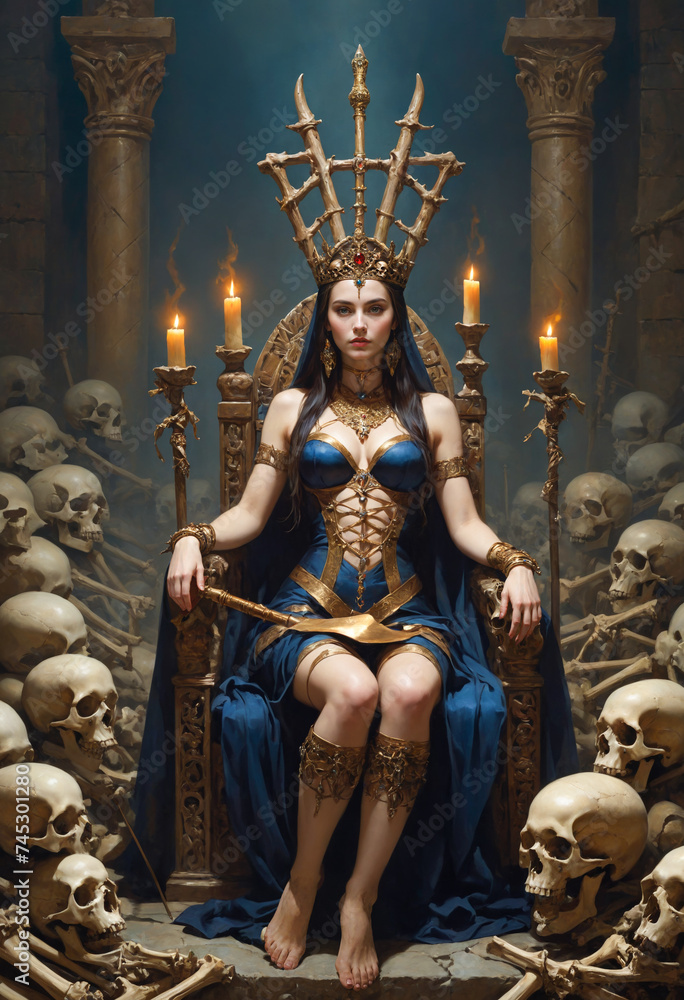 Fototapeta premium The Queen sits regally on a throne decorated with skeletal motifs in an environment that suggests a gloomy Gothic setting.