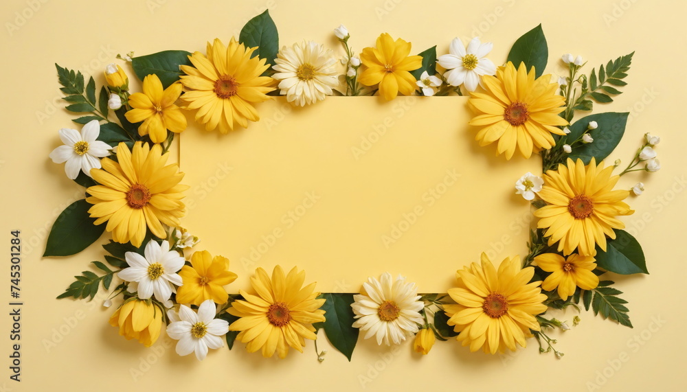 A banner of flowers on a yellow background for a greeting card template for a wedding or a women's holiday. A composition with space for its own text.