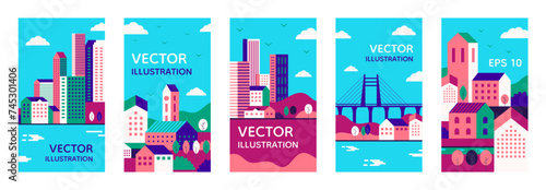City landscape. Town buildings, simple geometric urban pattern with sky or skyline backdrop for social media. Skyscrapers, bridge and houses. Minimal scenery posters. Vector flat background