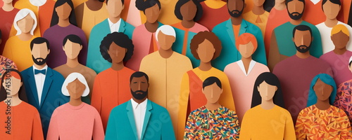 A sea of colorful, faceless figures representing a large crowd gathered together at an outdoor setting, possibly symbolizing diversity or unity in a group photo