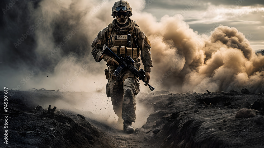 a soldier is running through the fire with his gun a soldier is running through the fire with his gun