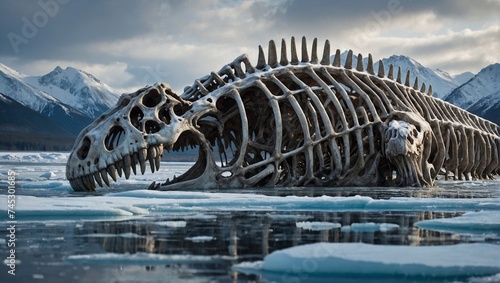 Dinosaur skeleton emerging from ice. Abstract global warming and environmental protection concept. Danger weather changes idea. Copy space.