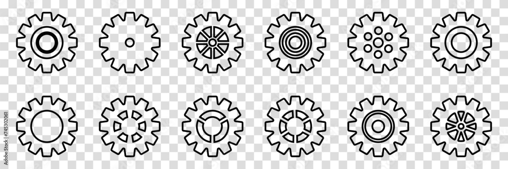 Simple Gear wheel collection. Cogwheel. Gears icon outline set. Setting gears icon. Machine gear icon vector set. Gear icons. Different style icons set. Vector illustration on a transparent background