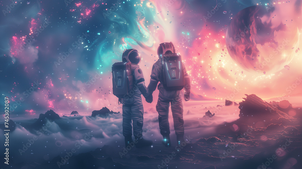 Astronauts Holding Hands in a Fantastical Space Landscape with Colorful Nebula
