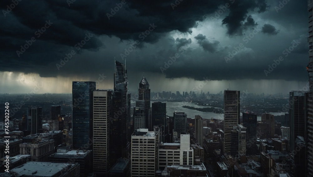 Dark and moody cityscape background with thunder storm and black clouds over the city. Environmental and weather concept. Copy space.