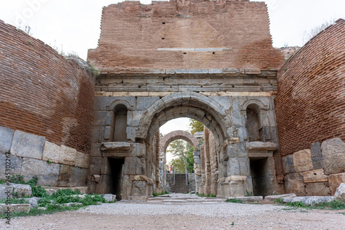 ancient Iznik Castle. Lefke Gate. Historical stone walls and doors of Iznik, Bursa.