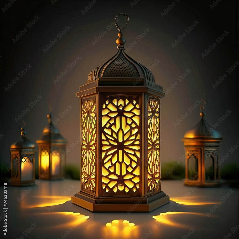 Obraz premium A design for a Ramadan lantern decorated with an Islamic ornament and illuminated dazzlingly from the inside 