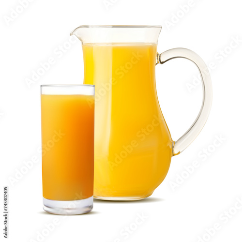 Realistic orange juice in jug with orange juice cup