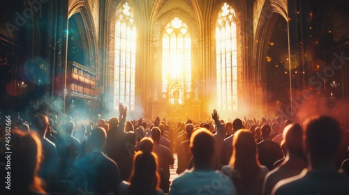 Capturing divine moments: church worship concept Christians, raised hands, earnestly pray and worship to cross in the sacred ambiance of a church building, expressing faith and spiritual connection. © Ruslan Batiuk