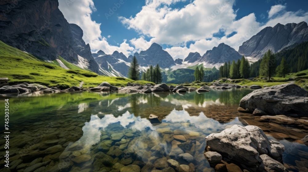 Obraz premium Stunning view of a mountain lake and cliffs in nature
