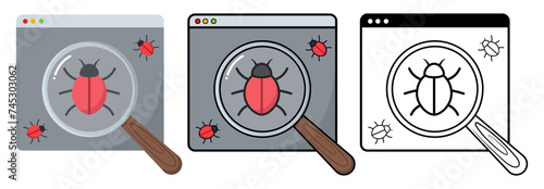 Isolated window with magnifying glass and bug for programming bug, glitch, fix, solution, debugging, error, issue, exception handling, business, web, UI, mobile, development. Vector icon photo
