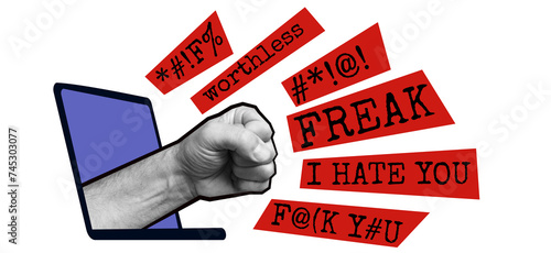 Cybermobbing. Agressive fist reaching out of laptop with bold lettering of Hate speech. Online social media verbal violence. Transparent background