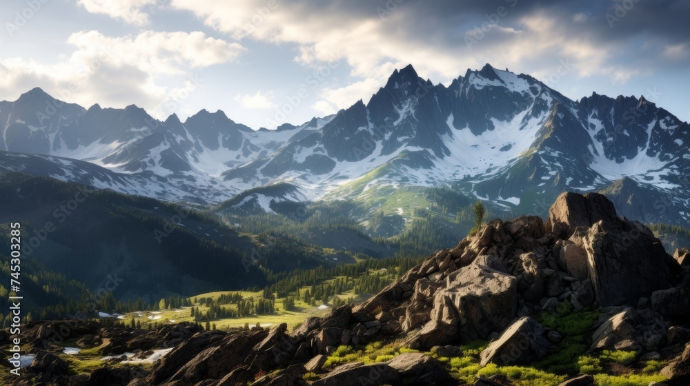 Rugged alpine vista with snow-capped mountains and blue sky