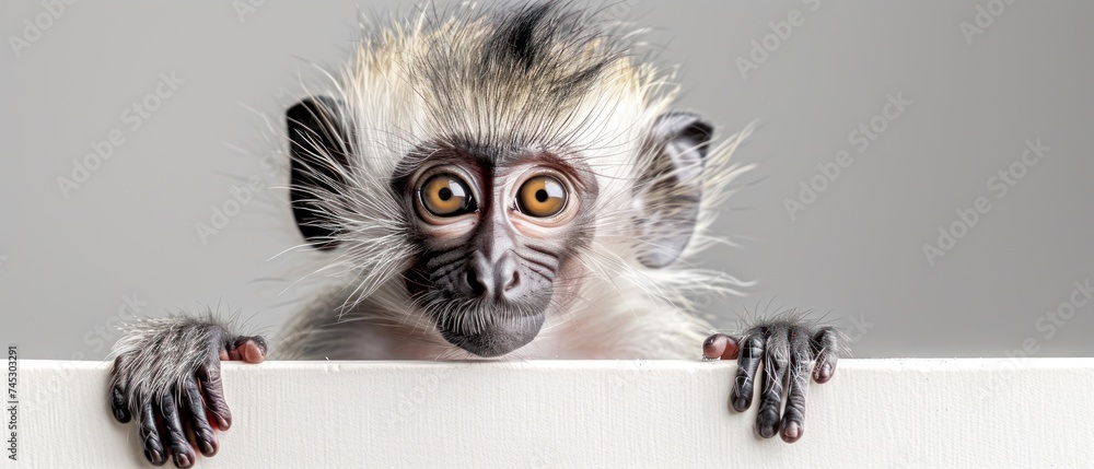 a close up of a monkey on a wall with it's hands on the edge of a white board. a close up of a monkey on a wall with it's hands on the edge of a white board.