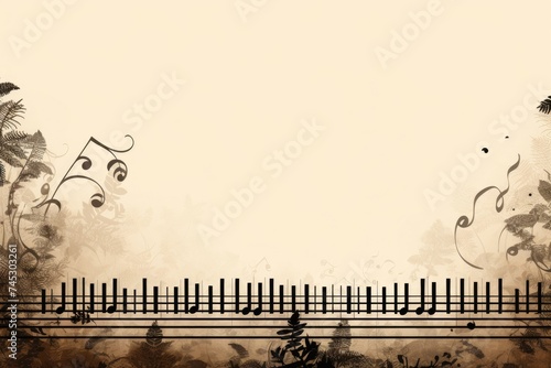 A musical theme with piano keys creating a border around the tex