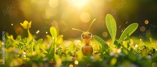 a yellow insect sitting on top of a lush green grass covered field with sunlight shining through the leaves of the plant.