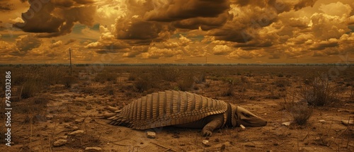 a large armadile sitting in the middle of a desert under a cloudy sky with a sky full of clouds. © Jevjenijs