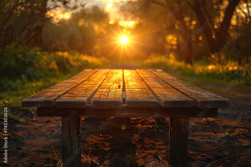 Naklejka premium Golden morning sunlight bathes a frost-covered wooden table, a promise of a new day in a tranquil park