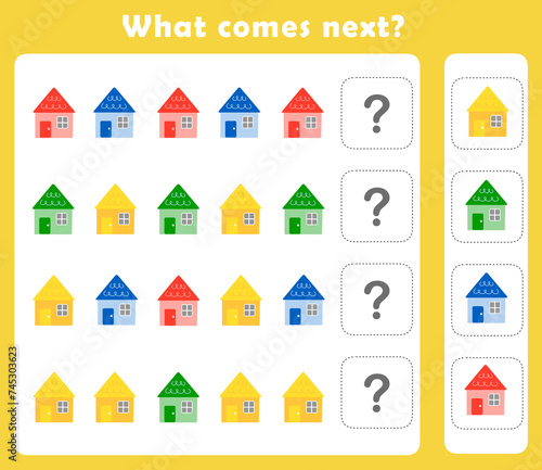 What comes next? Educational logic game for kids with cute house illustration. Worksheet for children.
