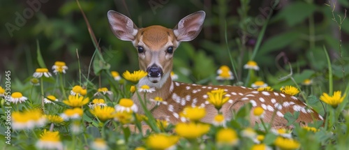 a young deer is sitting in a field of yellow and white flowers and looking at the camera with a curious look on his face.