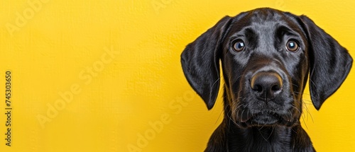 a close up of a dog's face with a yellow wall in the background and a black dog's head in the foreground.