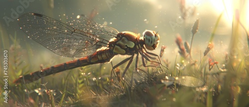 a close up of a dragon flys through the air in a field of grass with dew on its wings.