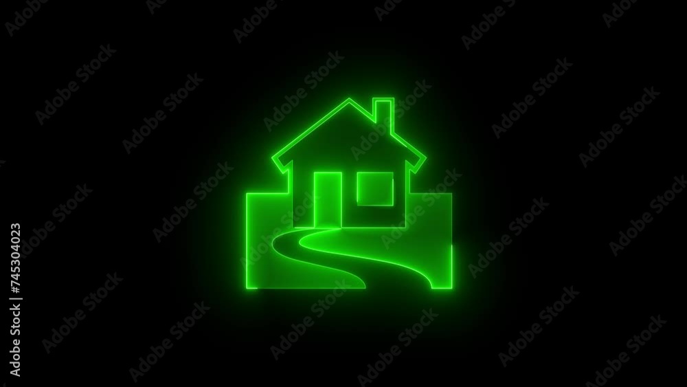 House icon glowing neon green color animation black background House icon glowing neon green color animation black background