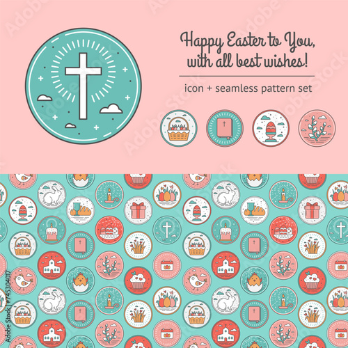 Scrapbooking Set with Seamless Pattern of Linear Easter Icons and Spring Celebration Elements. Simple Images with a Stroke with Cross, Basket, Christianity Bible, Painted Egg and Pussy Willow Branch