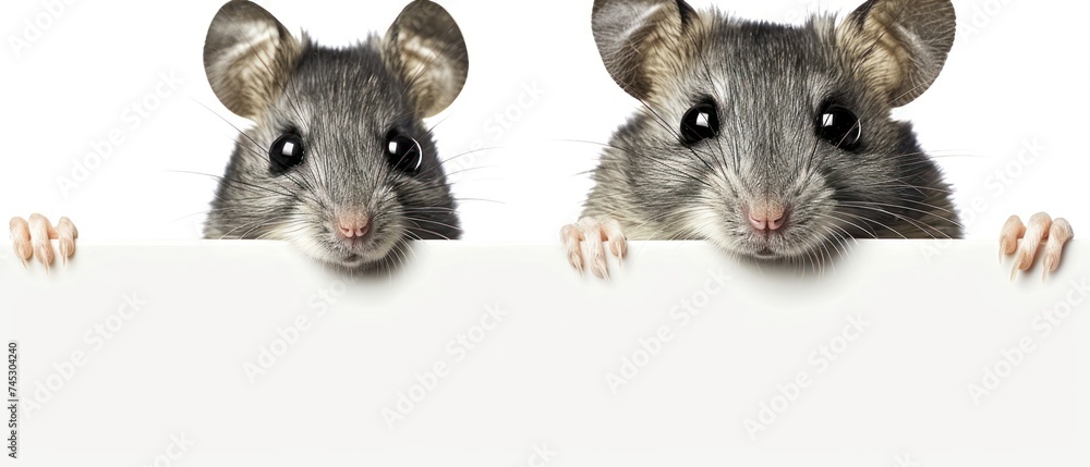 a close up of two mouses holding a white sign and peeking over the edge of a white sign and looking at the camera. a close up of two mouses holding a white sign and peeking over the edge of a white sign and looking at the camera.