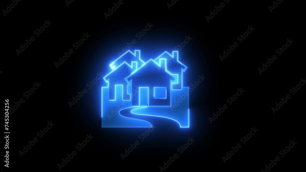 Houses icon glowing neon blue color animation black background Houses icon glowing neon blue color animation black background
