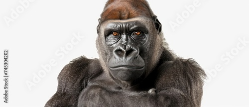 a close up of a gorilla's face with a serious look on it's face, with a white background.