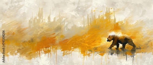 a painting of a bear walking in front of a yellow and white background with a black bear in the foreground. photo