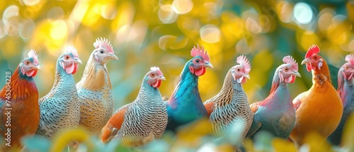 a group of colorful chickens standing next to each other on top of a field of green and yellow flowers on a sunny day. photo