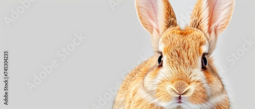 a close - up of a rabbit s face with a gray background and a white wall in the background.