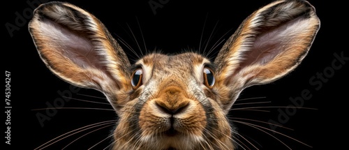 a close - up of a brown rabbit's face with a black back ground and a black back ground. © Jevjenijs