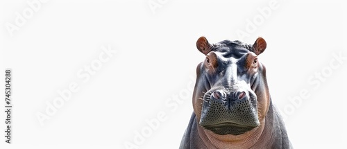 a close up of a hippopotamus looking at the camera with a white sky in the back ground.