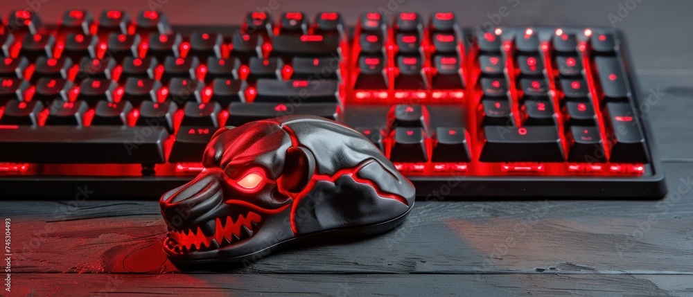 a close up of a computer keyboard with a skull head on the side of the ...