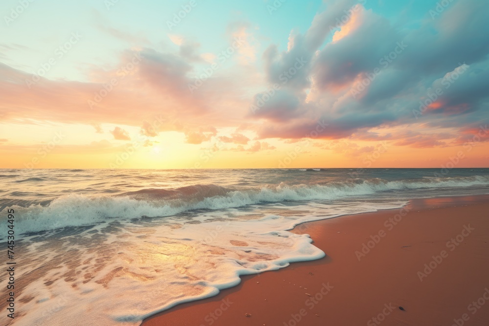 A serene beach sunset scene with text space over the horizon - obrazy, fototapety, plakaty 