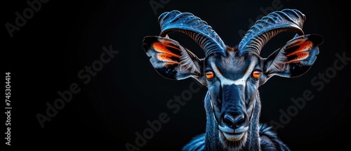 a close up of a goat's head on a black background with a red light in it's eyes.