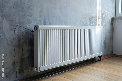 White metal heating radiator forming part of a central heating system with energy-efficient thermal insulation on the wall photo