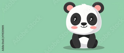 a black and white panda bear sitting on the ground with its head turned to look like it s smiling.