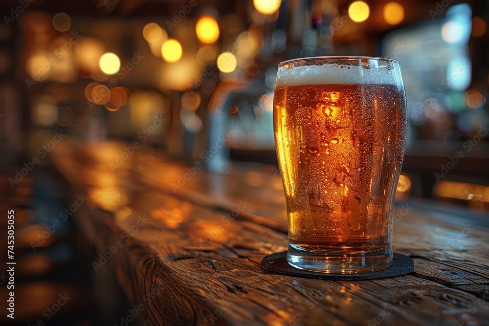 Detailed close-up of a chilled beer glass on a wooden bar, reflecting camaraderie and leisure time Detailed close-up of a chilled beer glass on a wooden bar, reflecting camaraderie and leisure time